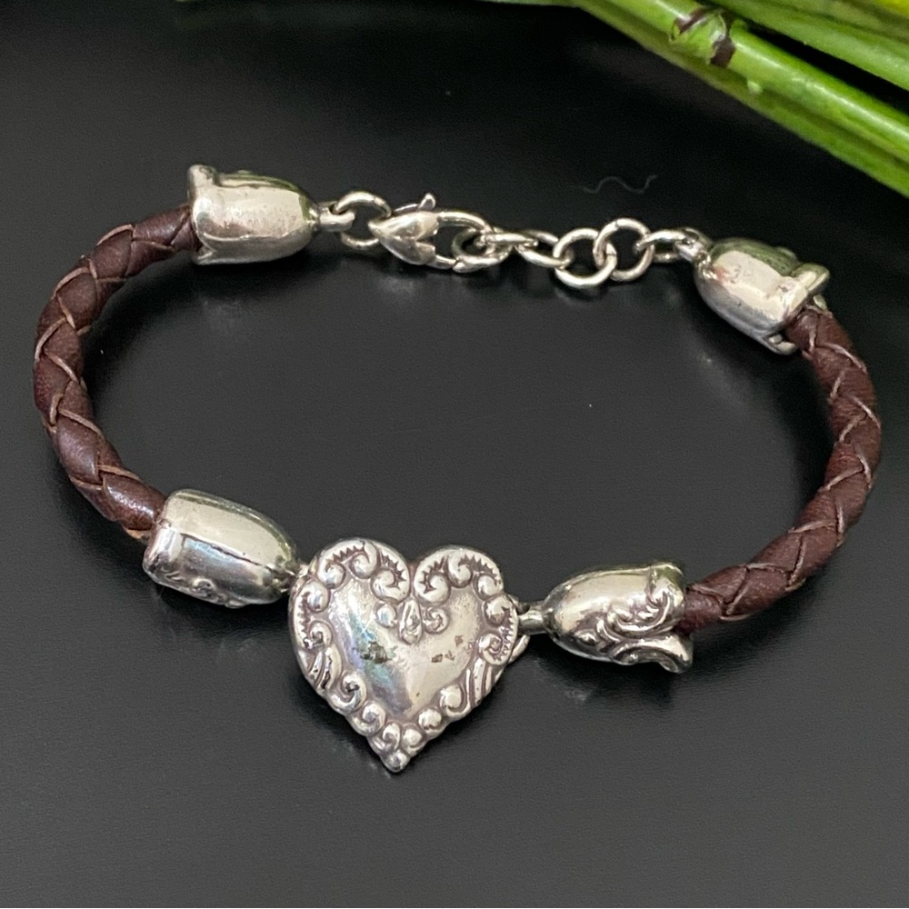 Retired BRIGHTON Cupid’s Bandit Silver Heart Brown Braided Leather Bracelet 26g